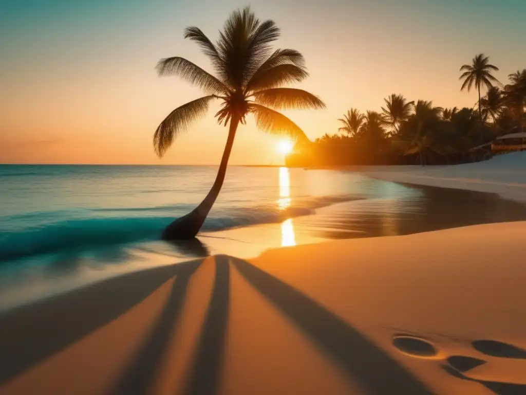 Playa serena al atardecer Playa tranquila al atardecer, palm tree, agua turquesa, relax y naturaleza