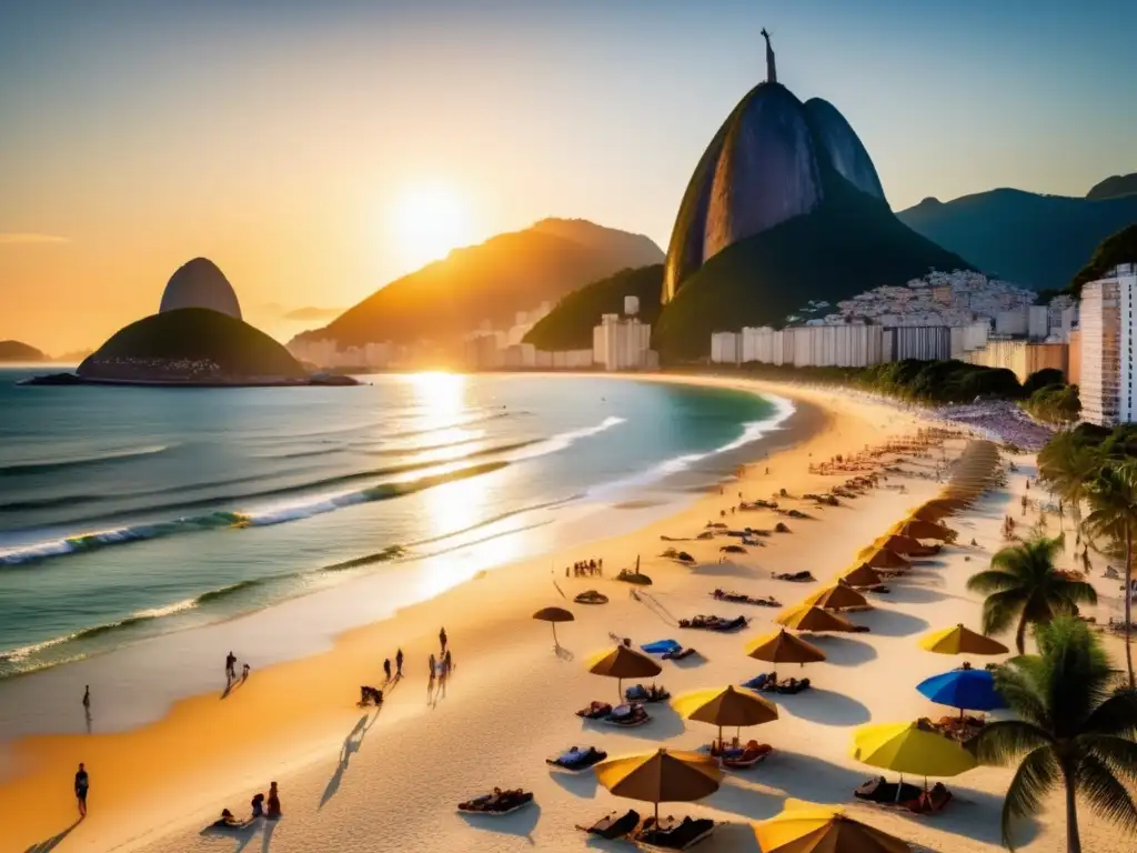 Hermosa vista de playa Copacabana en Río de Janeiro Experiencias seguras en Rio de Janeiro: Copacabana Beach al atardecer, con actividad y belleza natural