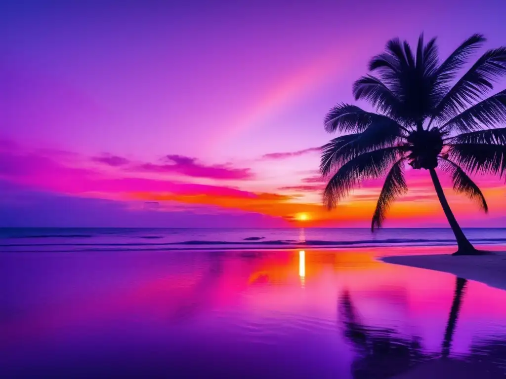 Puesta de sol en una playa tropical con palmeras y agua cristalina Hermoso atardecer en una playa tropical: Beneficios de la mentalidad positiva en los viajes