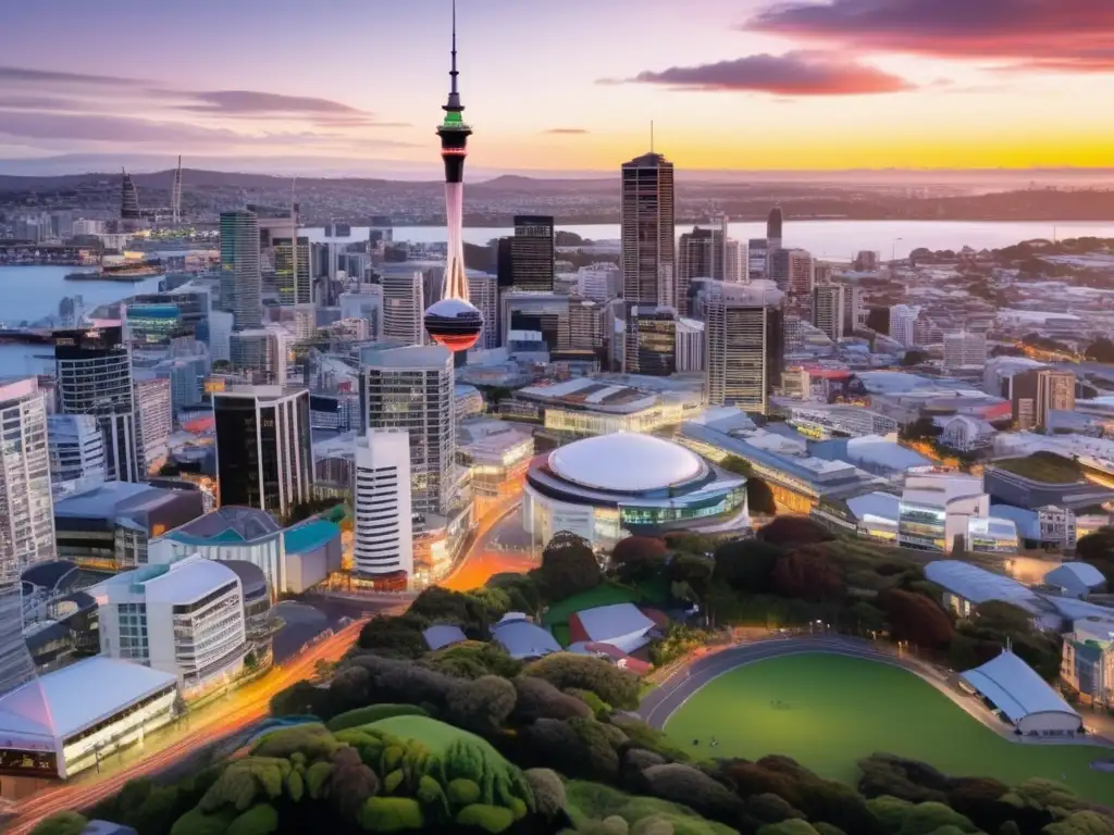 Hermosa ciudad de Auckland, Nueva Zelanda al atardecer Experiencias en Auckland para adultos mayores durante un hermoso atardecer en una vibrante ciudad con la icónica Sky Tower y actividades diversas
