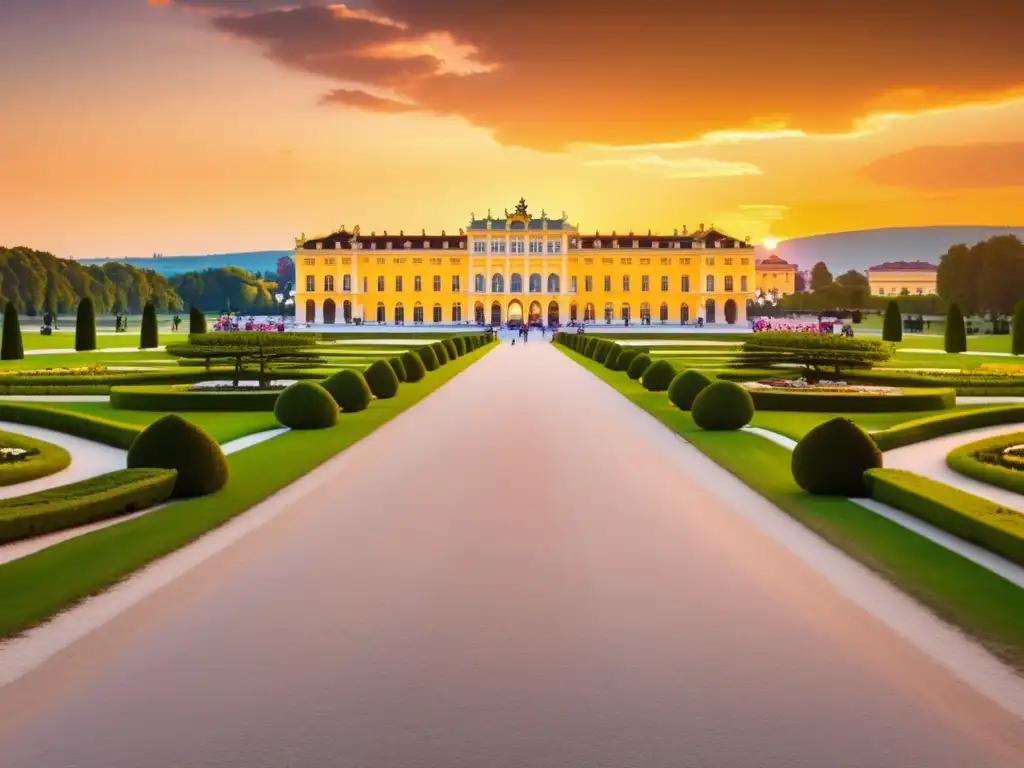 Atardecer vibrante en el Palacio Schönbrunn de Viena Atractivos turísticos en Viena para mayores: Schönbrunn Palace al atardecer
