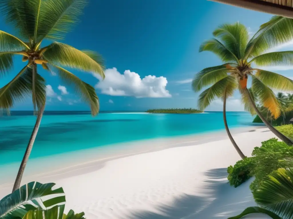 Paraíso tropical: playa blanca, aguas turquesas, palmeras, resort de lujo Paraíso tropical con playa de arena blanca y agua turquesa
