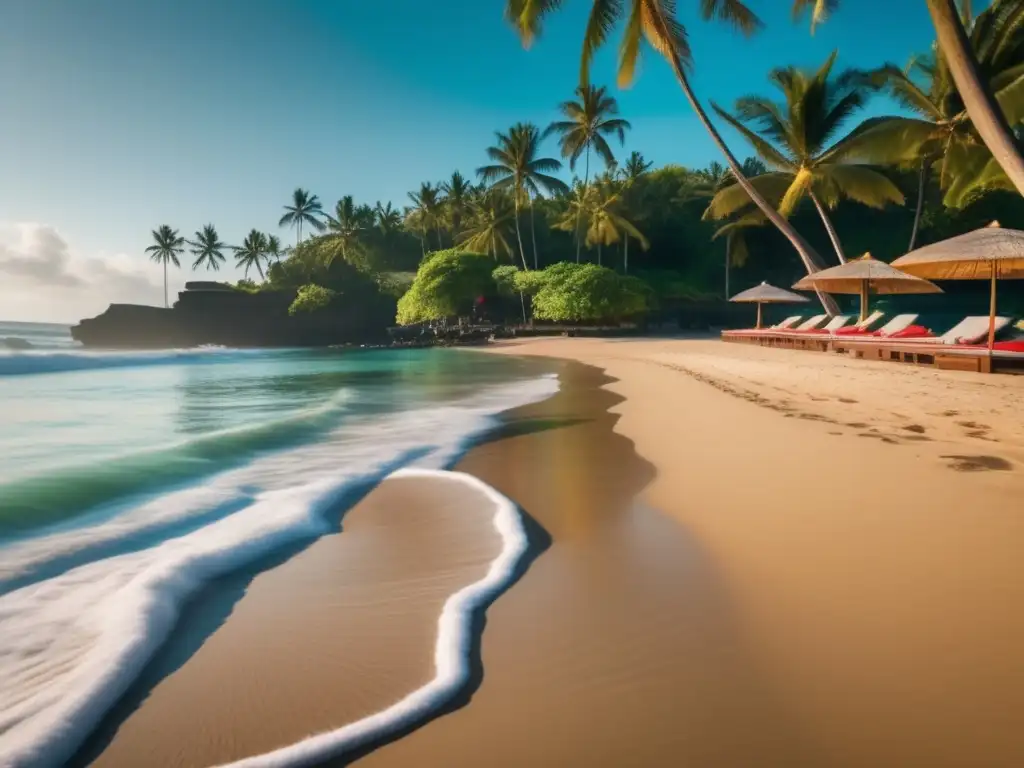 Paraíso playero en Bali Descubriendo el ritmo perfecto del viajero maduro - Bali, playas paradisíacas, arena dorada, aguas turquesas, palmeras y sombrillas coloridas