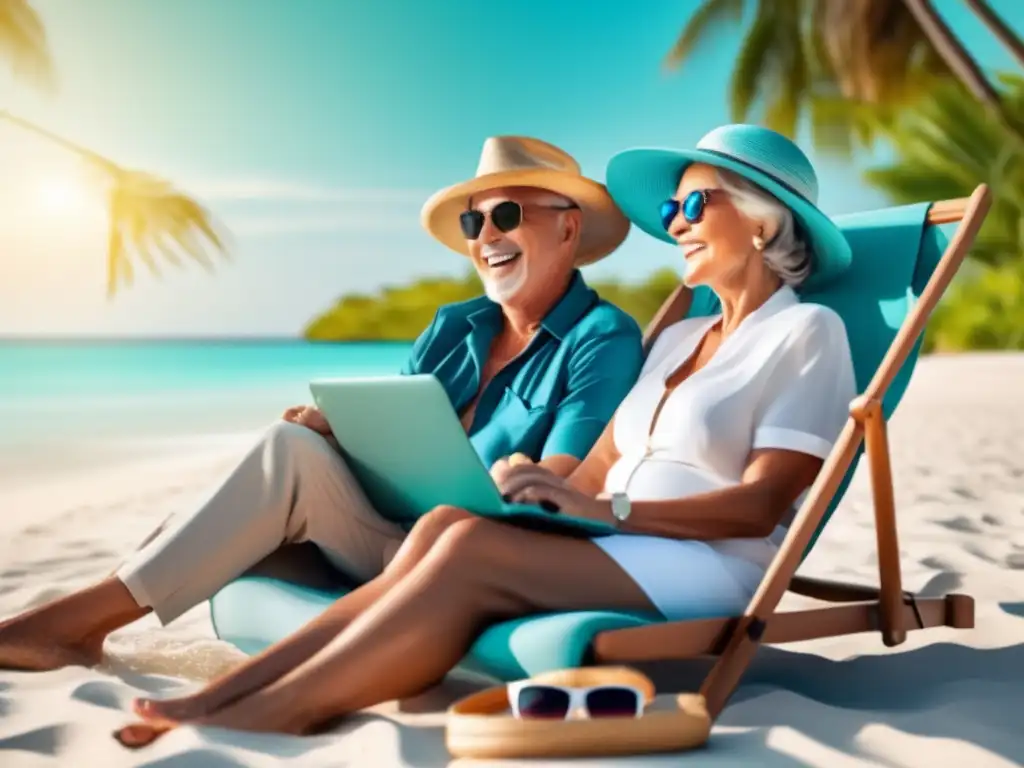 Pareja de adultos mayores disfrutando en la playa Pareja senior disfrutando de la playa con accesorios de viaje para comodidad y seguridad