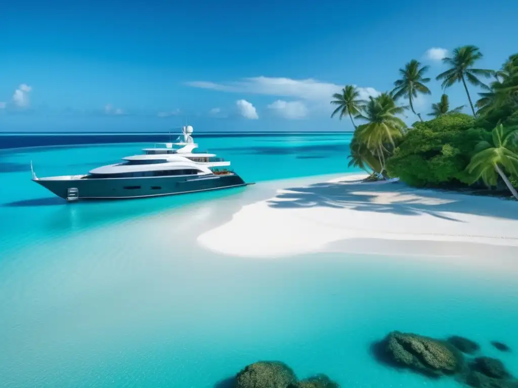 Paraíso marítimo en 8k: viaje de ensueño Experiencia de viaje marítimo en paradisiaca isla con arrecife coralino y lujoso yate (110 caracteres)
