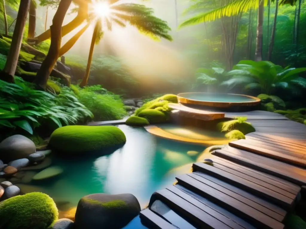 Fuente termal natural rodeada de una exuberante vegetación Balneario saludable para mayores rodeado de naturaleza espectacular