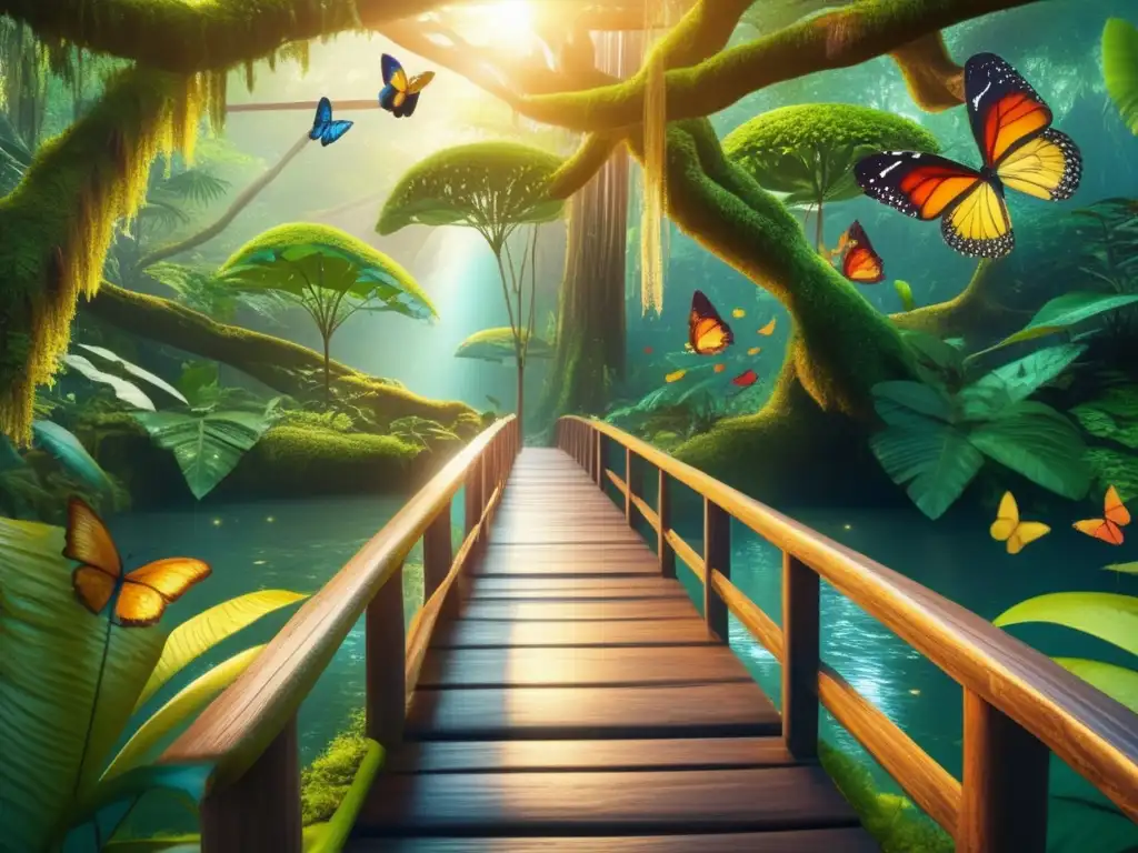 Exuberante selva tropical con puente de madera y vida silvestre Exuberante selva tropical: ecoturismo para viajeros de tercera edad