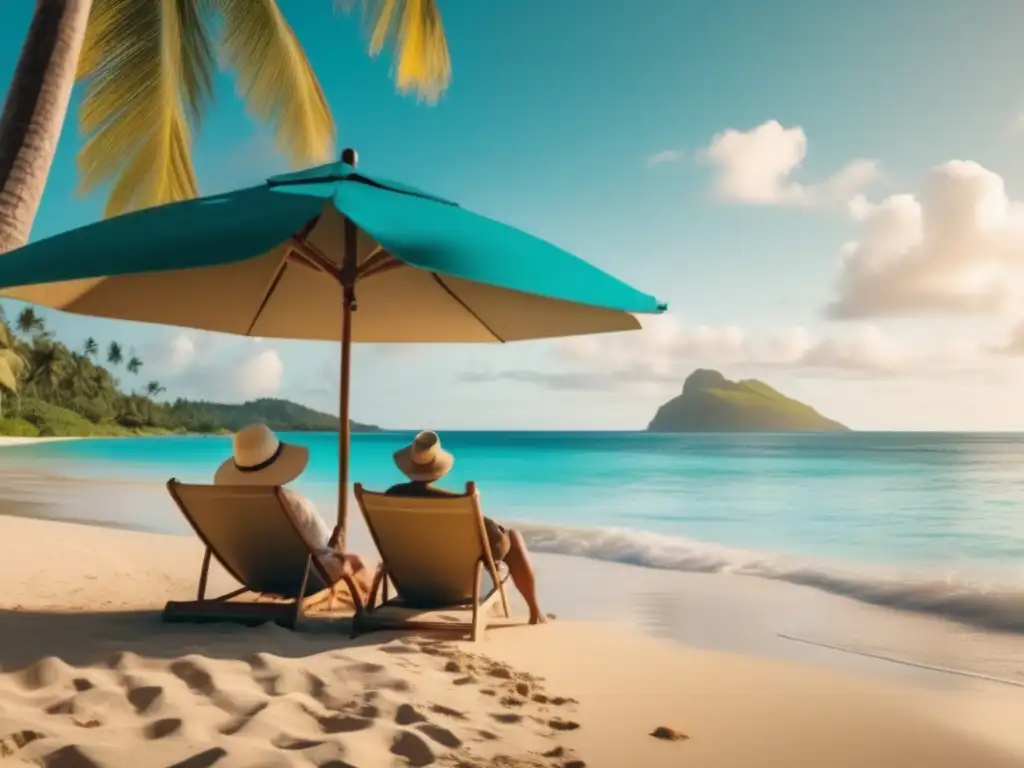 Pareja de mayores disfrutando de playa paradisíaca Consejos de seguridad para seniors en Oceanía, playa serena, aguas turquesas, pareja disfrutando