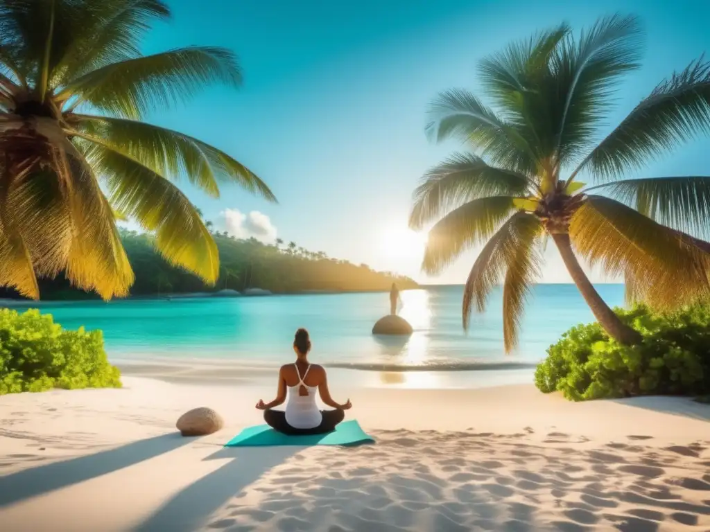 Paraíso tropical: playa serena, palmeras y aguas turquesas Turismo médico en destinos exóticos saludables: Playa tropical serena con palmeras, aguas turquesas y pareja practicando yoga en la arena