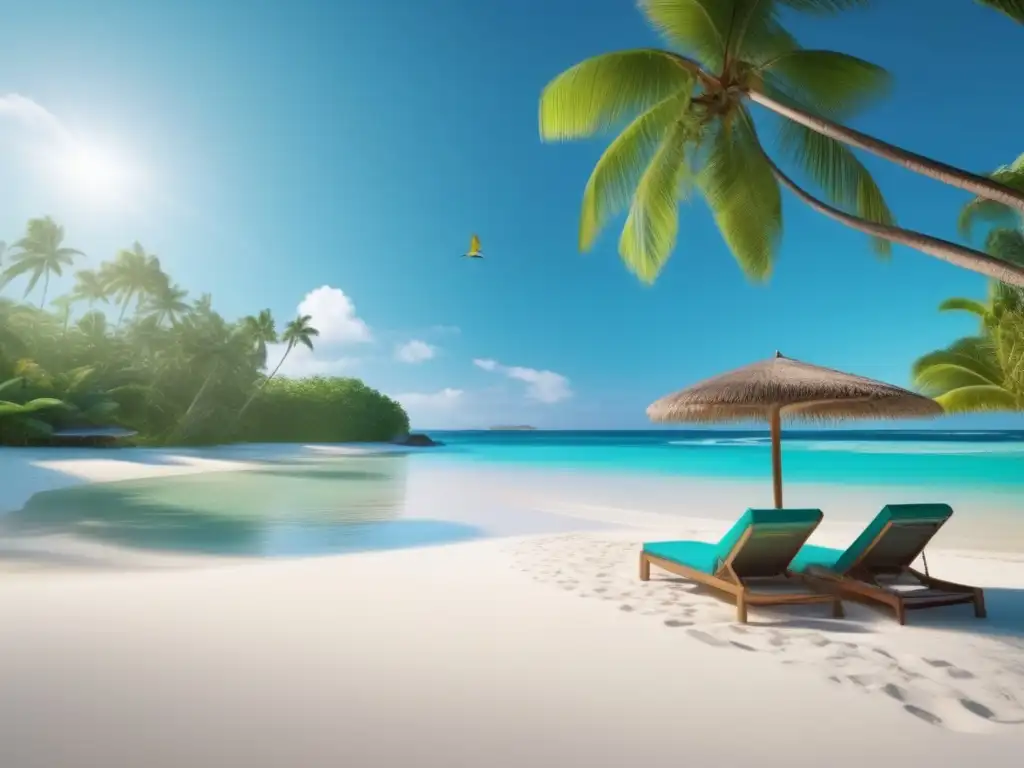 Playa tropical paradisíaca bajo cielo azul claro Playa tropical con olas turquesa y palmeras, evita deshidratación en viajes