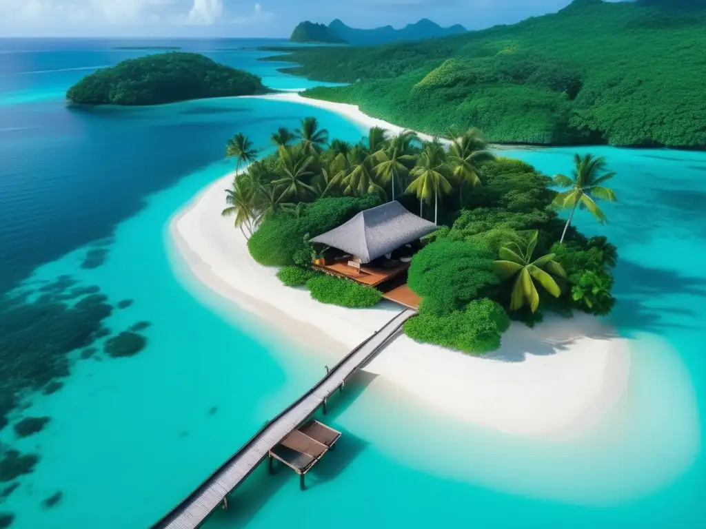 Paraíso tropical con pareja feliz Vista aérea de una isla tropical rodeada de aguas turquesa