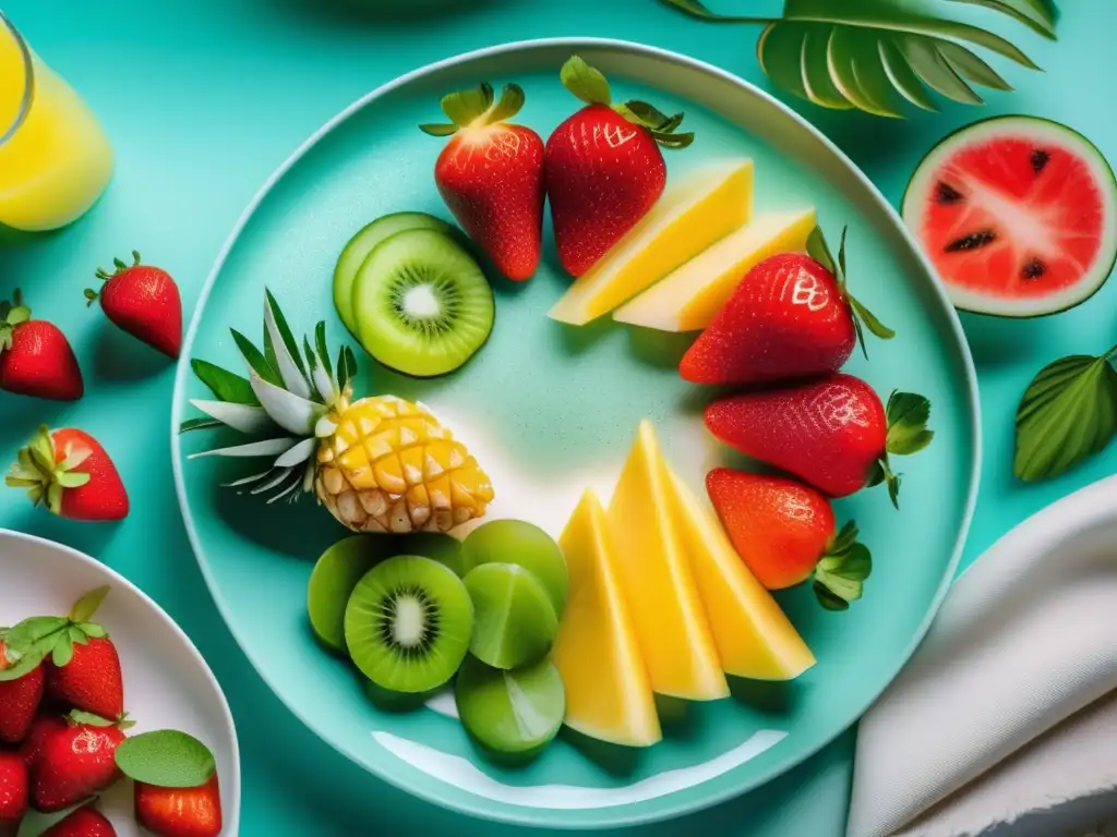 Playa tropical con frutas frescas y agua saludable Consejos dieta saludable vacaciones todo incluido: Playa tropical con aguas turquesas y frutas frescas