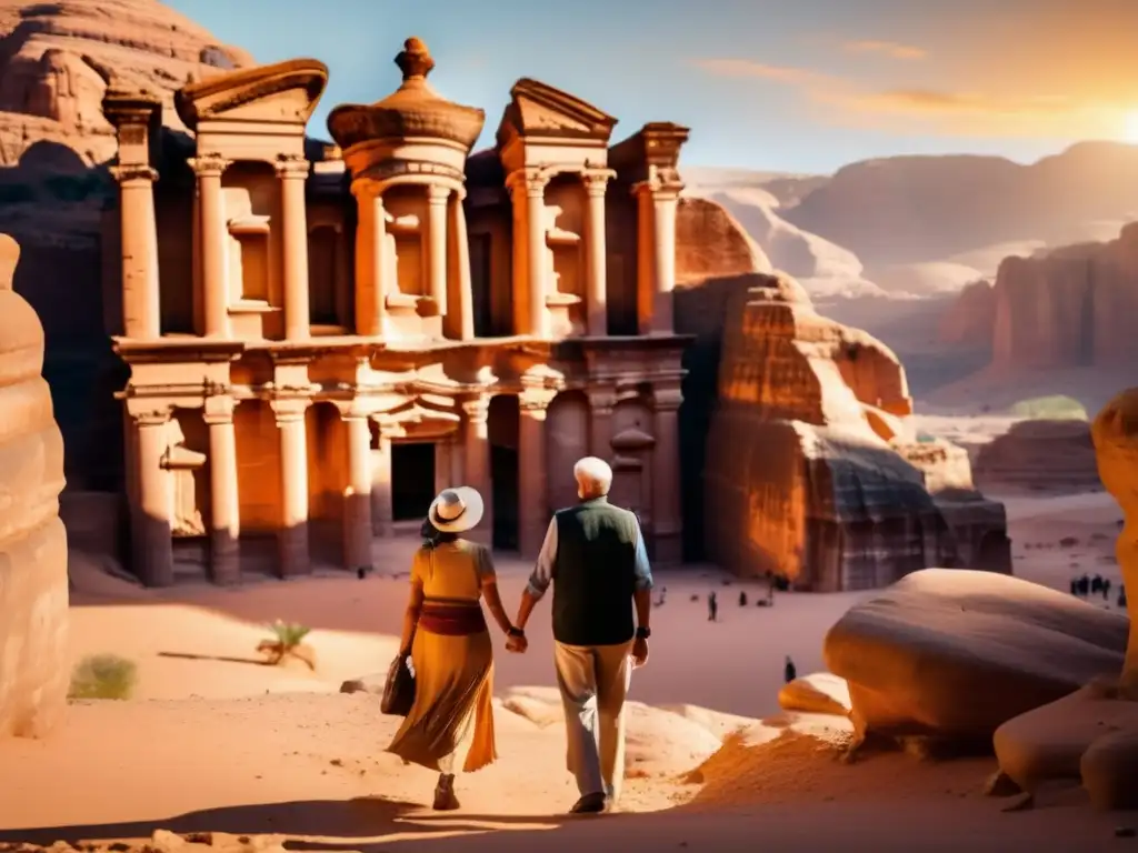 Pareja admirando majestuosas ruinas de Petra Pareja maravillada en Petra, Jordania