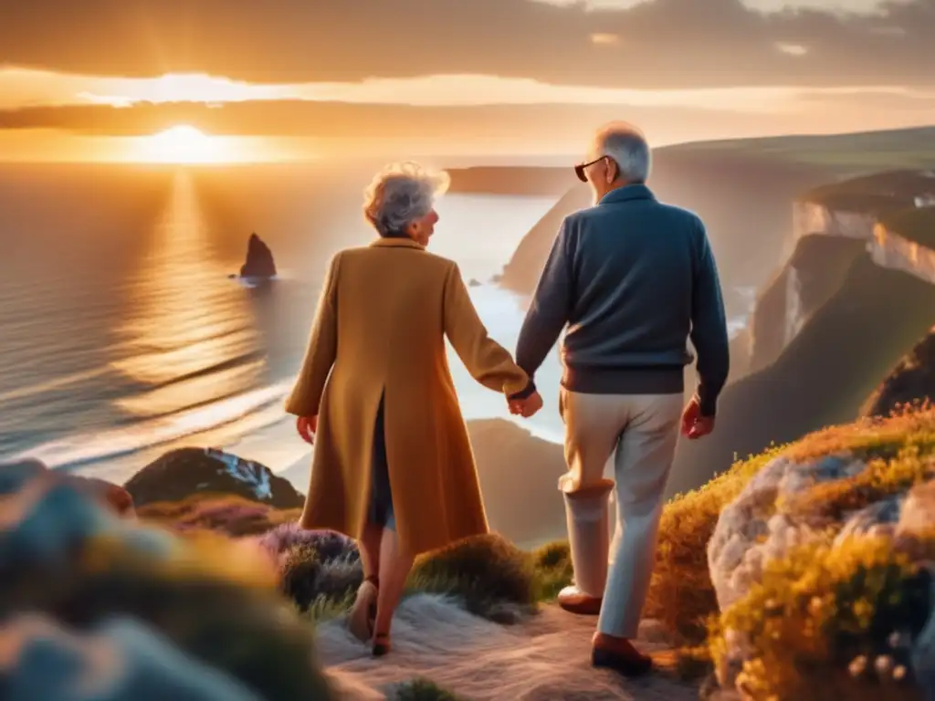 Pareja mayor feliz y aventurera en un acantilado con vista al mar - Consejos viaje seguro mayores