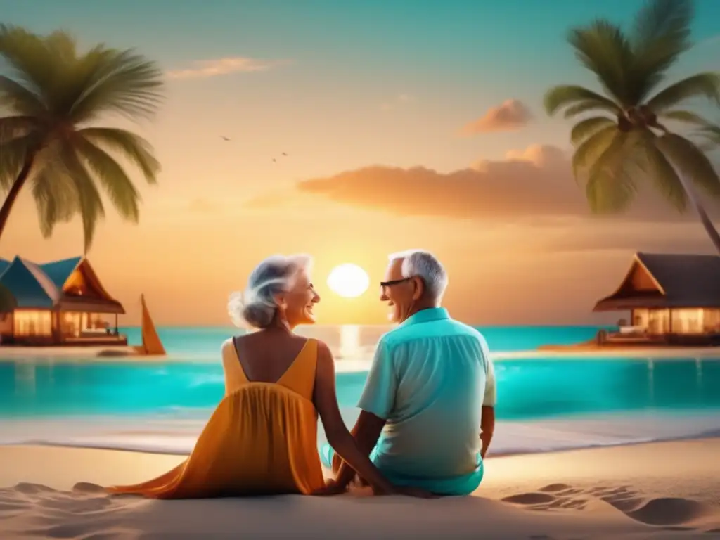 Pareja mayor disfrutando la playa al atardecer Pareja mayor en playa soleada, rodeada de palmeras y océano turquesa