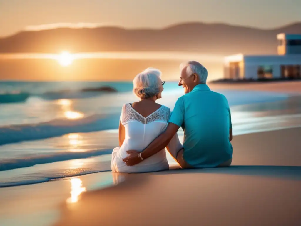 Pareja feliz disfrutando de playa y atención médica Pareja sonriente en playa cristalina con atención médica