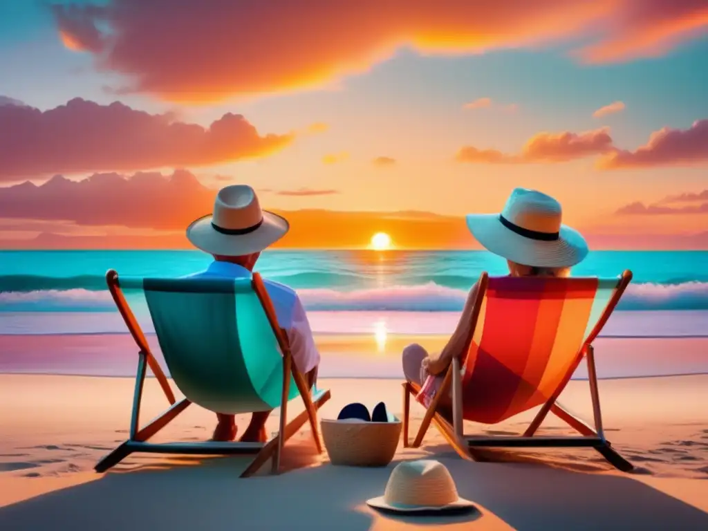 Pareja mayor leyendo documentos de seguro de viaje Seguros de viaje para personas mayores en una playa paradisíaca, leyendo documentos importantes