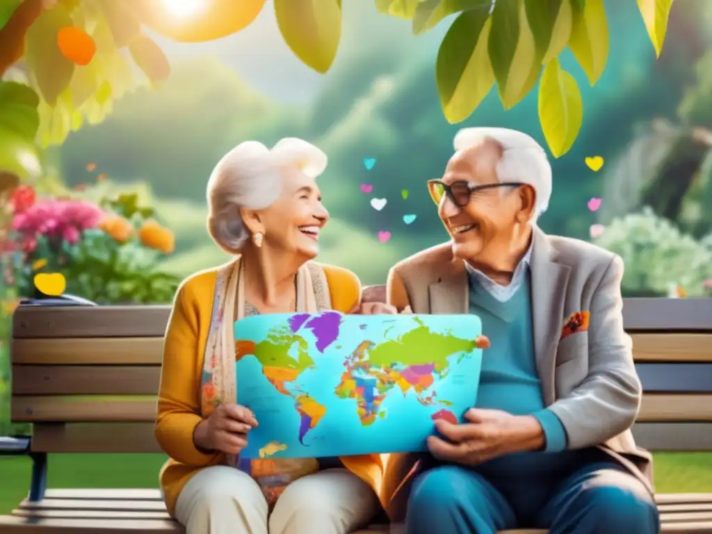 Pareja de ancianos emocionados con mapa y maleta en un banco de parque Pareja de ancianos emocionados en un banco del parque, con maleta, mapa y consejos de seguridad para viajeros seniors principiantes