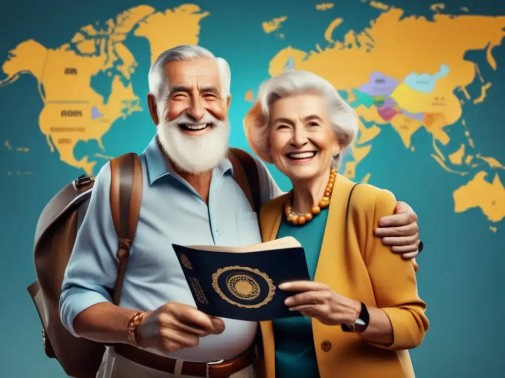 Pareja mayor sonriente con documentación de viaje y mapa mundial
