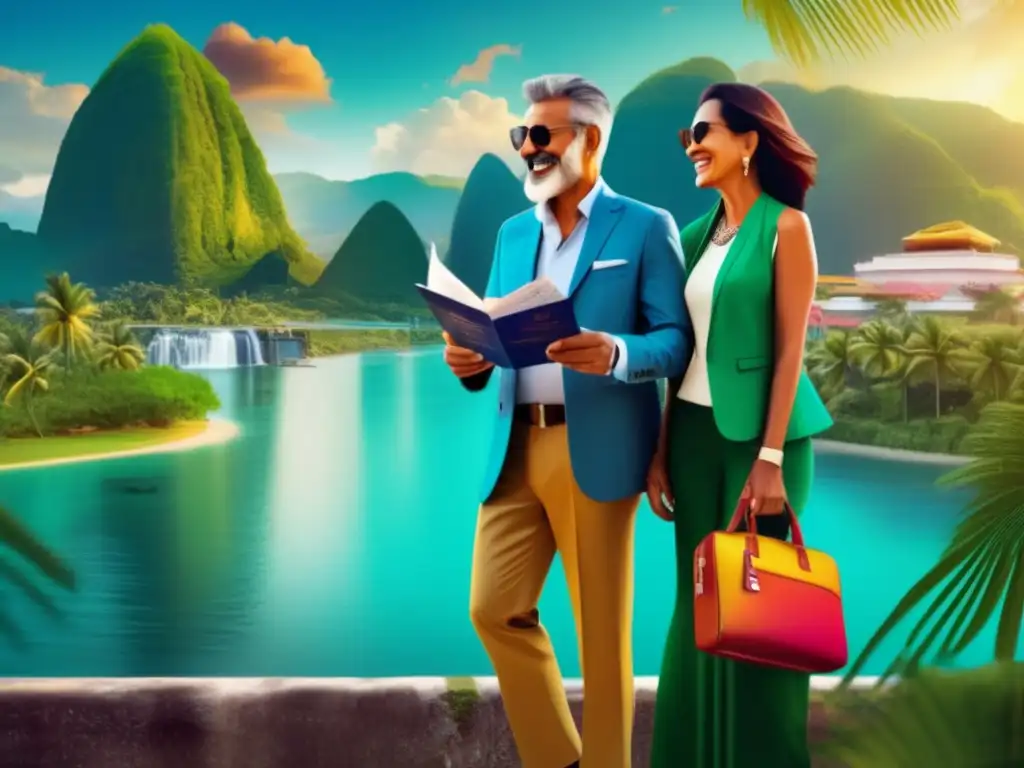 Pareja madura lista para viajar Pareja madura emocionada con pasaportes, viaje y paisaje, facilitando proceso solicitud visados seniors
