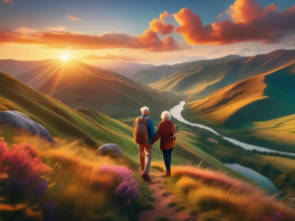 Pareja disfrutando vista montañosa Pareja de adultos mayores disfruta de vista panorámica en montaña - Beneficios de viajar para adultos mayores