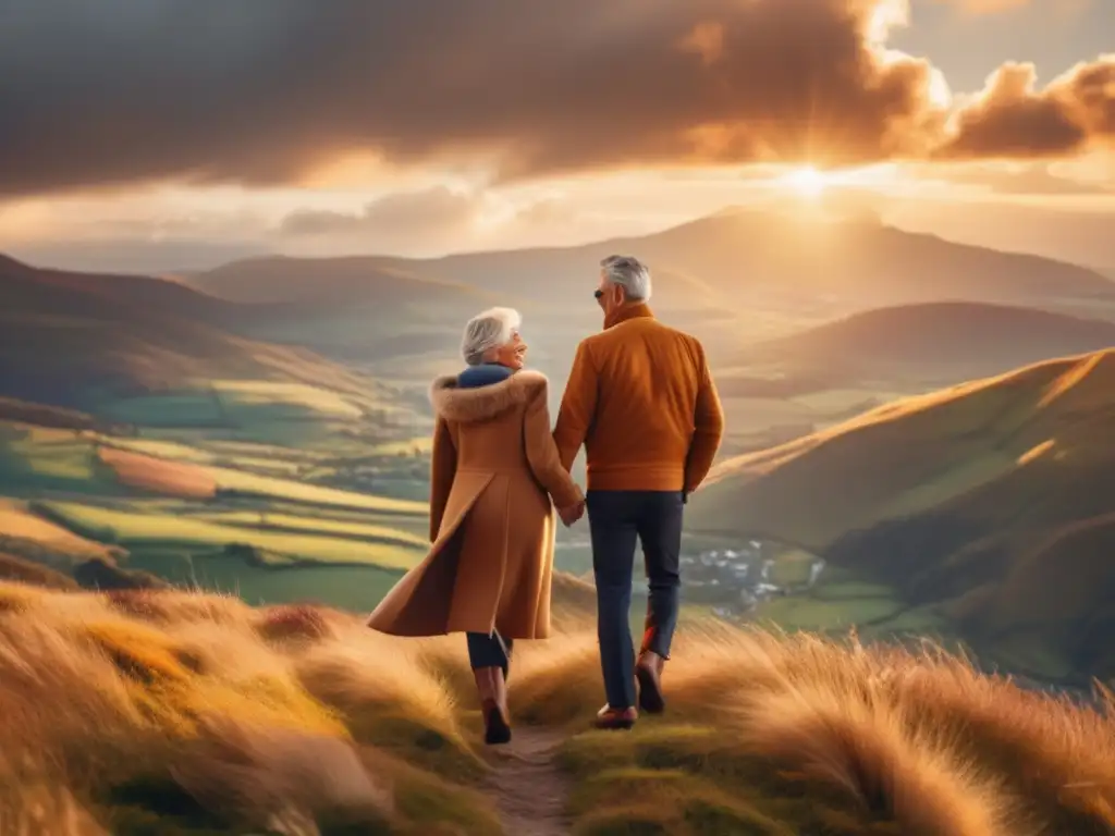 Pareja en la montaña disfrutando del paisaje Técnicas viaje seguro adultos: Pareja madura en montaña con paisaje sereno, vistiendo moderna ropa de viaje, transmitiendo confianza y aventura
