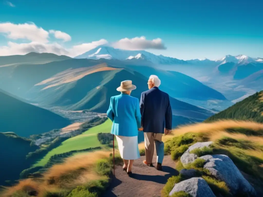 Pareja mayor disfrutando paisaje y promoviendo seguro viaje Pareja mayor disfrutando de un paisaje impresionante - Seguro de viaje para mayores seguro
