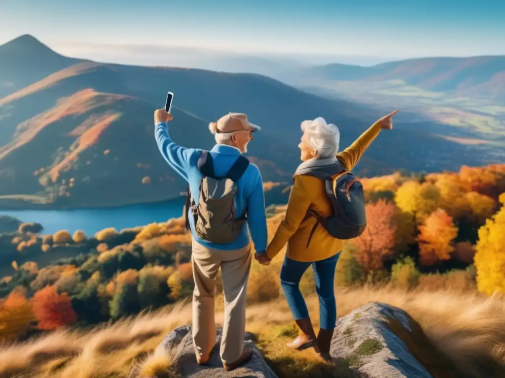Pareja mayor en montaña otoñal, vestidos de viaje, con mapa y actitud aventurera - Consejos para viajes de seniors
