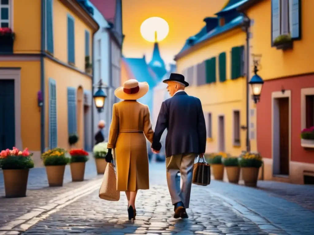 Pareja de ancianos explorando una histórica ciudad europea Pareja mayor en paseo histórico, disfrutando de la ciudad y su patrimonio cultural