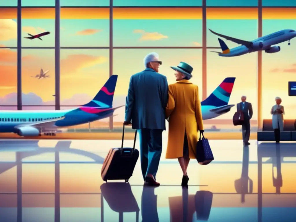 Pareja mayor emocionada en aeropuerto Pareja mayor emocionada en aeropuerto internacional, reflejando viaje y aventura