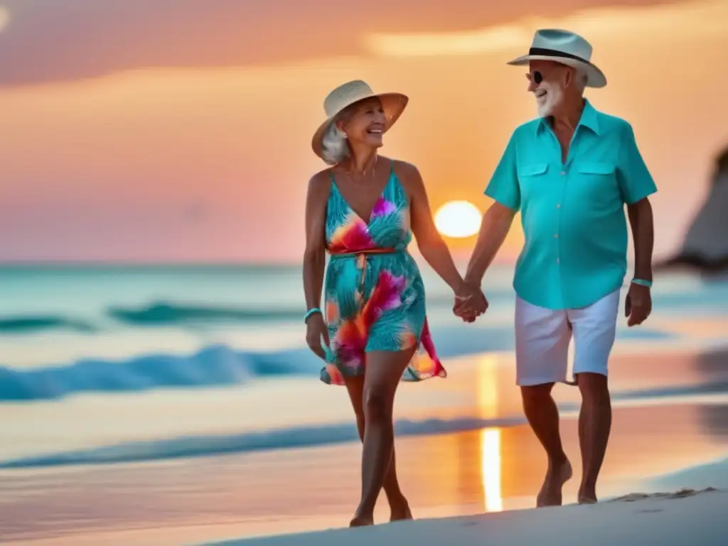 Pareja mayor disfrutando en la playa al atardecer Pareja mayor feliz en la playa al atardecer