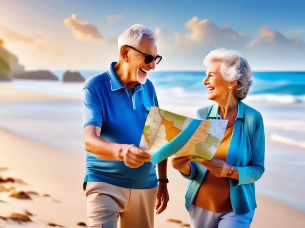 Pareja de ancianos en la playa listos para viajar: Seguros de viaje para mayores: Cobertura completa y tranquilidad