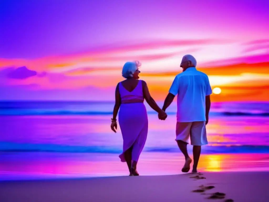 Pareja senior feliz en playa al atardecer, transmitiendo alegría y serenidad