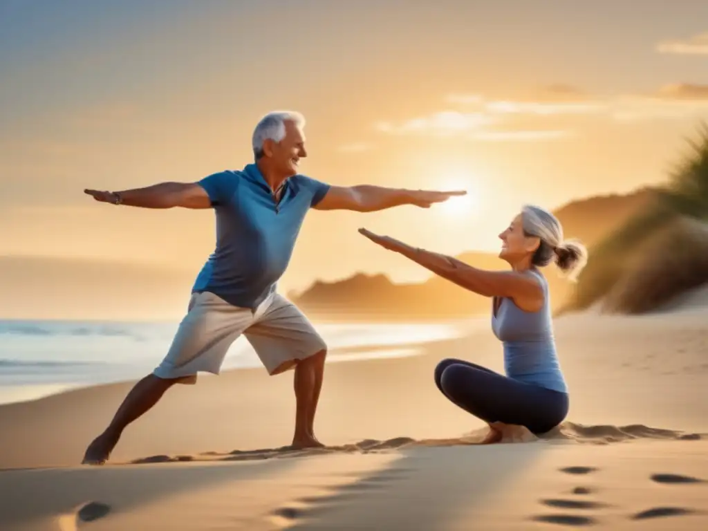 Couple performing joint health exercises on serene beach Pareja madura realizando ejercicios para cuidar articulaciones en viajes maduros
