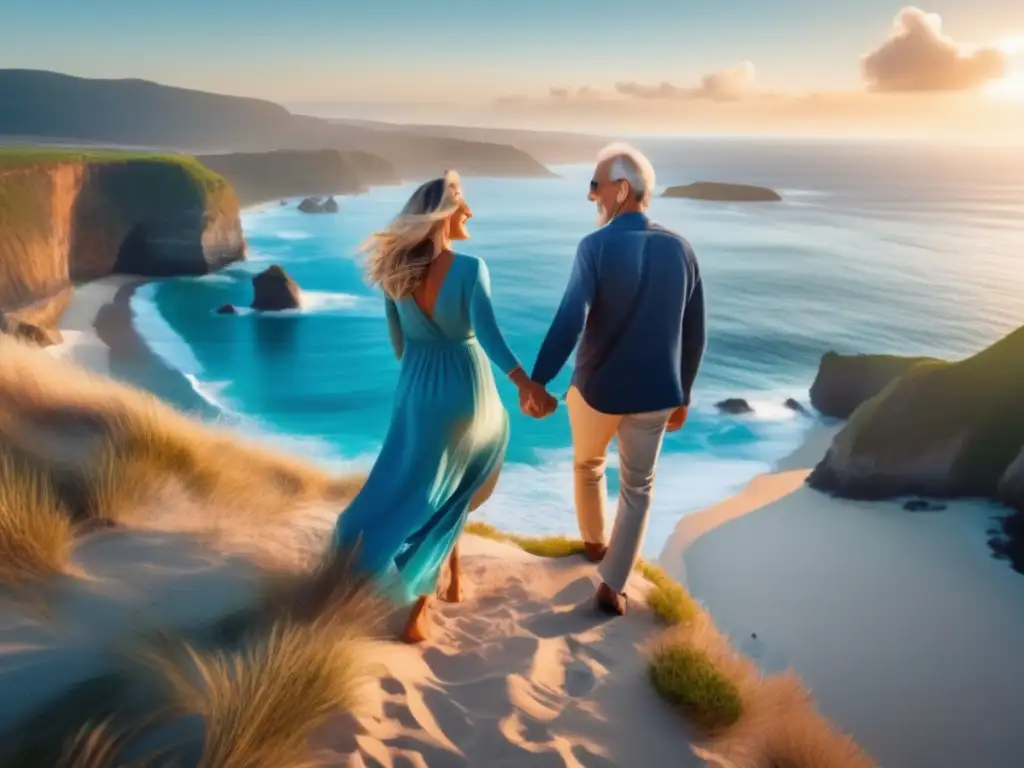 Pareja disfrutando la playa y el océano Pareja madura disfruta viajes en solitario en hermoso paisaje de playa