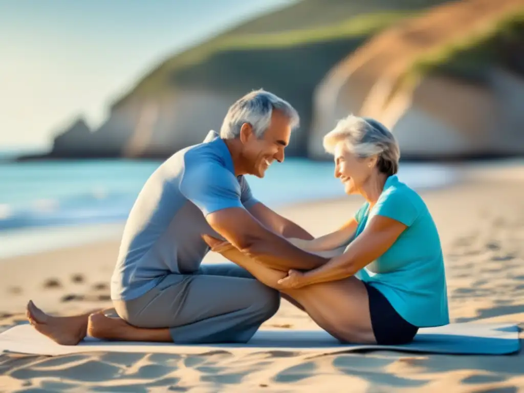 Pareja madura haciendo estiramientos en la playa Pareja madura realizando ejercicios para cuidar articulaciones en viajes