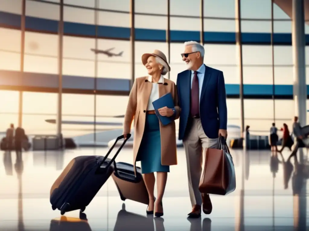 Una pareja mayor feliz y elegante espera en el aeropuerto, listos para su viaje internacional