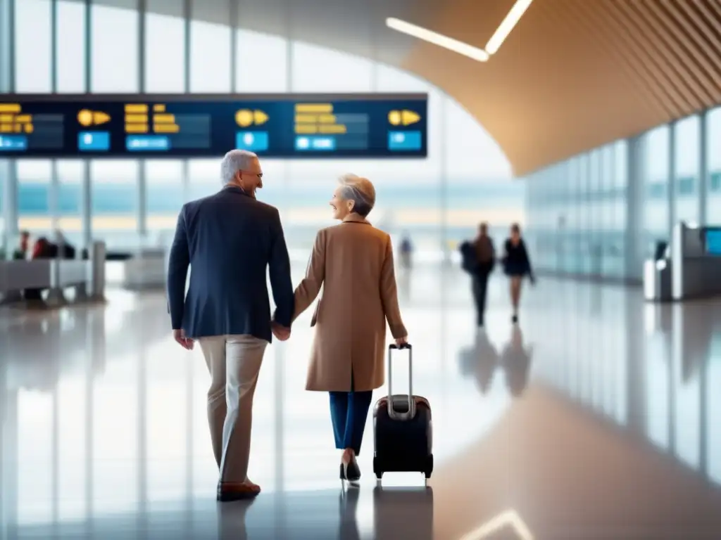 Pareja feliz caminando por terminal amplio y moderno Turismo médico seguro y cómodo para viajeros maduros