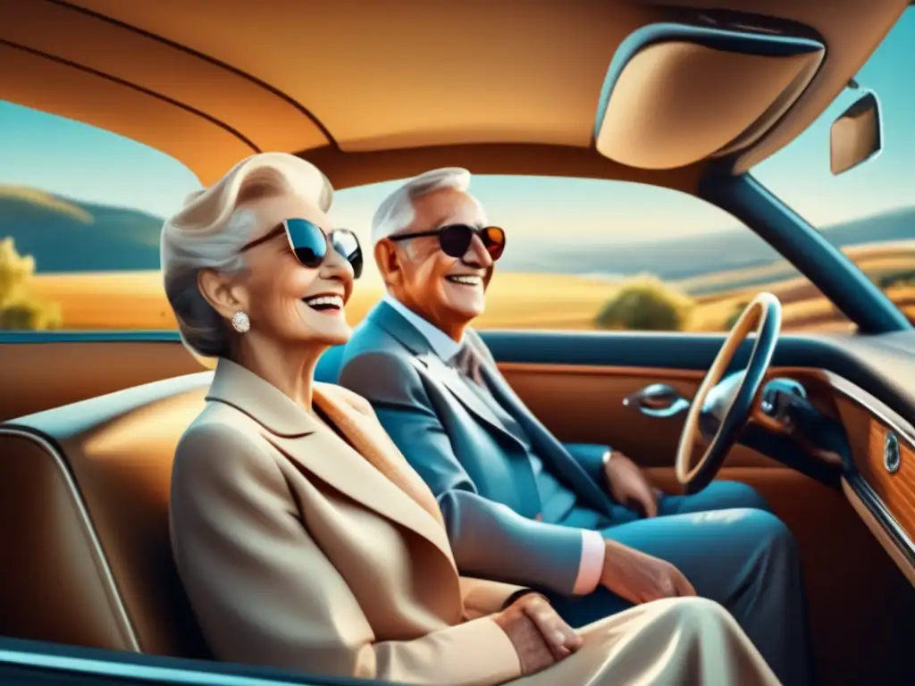 Pareja mayor feliz lista para viaje seguro y estilizado Consejos para viajes seguros en la tercera edad- Pareja feliz en un auto elegante, listos para un viaje seguro y emocionante