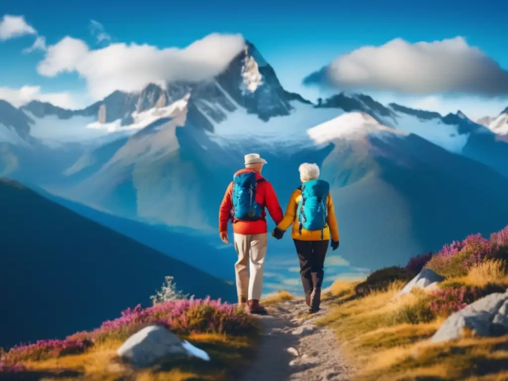 Pareja de ancianos disfrutando de la montaña Visados para viajeros seniors en la cumbre de una montaña majestuosa, rodeados de un paisaje panorámico de montañas nevadas y cielo azul