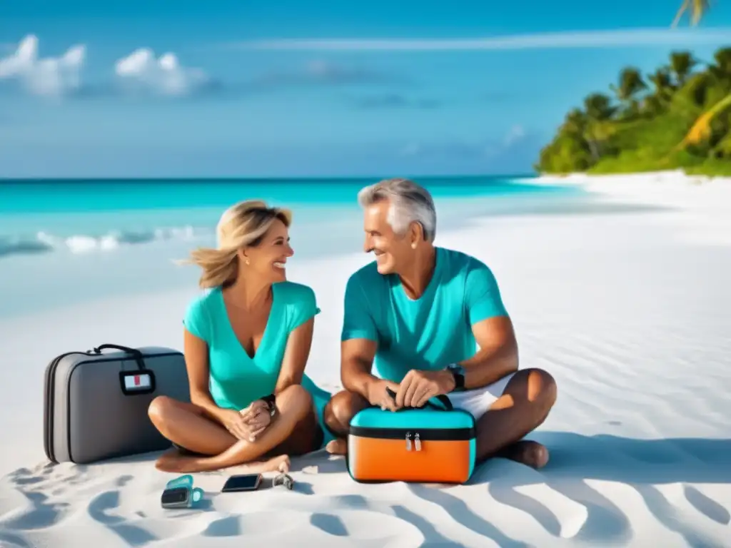 Pareja madura disfruta de playa paradisíaca - Mejores accesorios de viaje para adultos mayores - Pareja relajada en la playa con aguas turquesas, accesorios estratégicamente colocados
