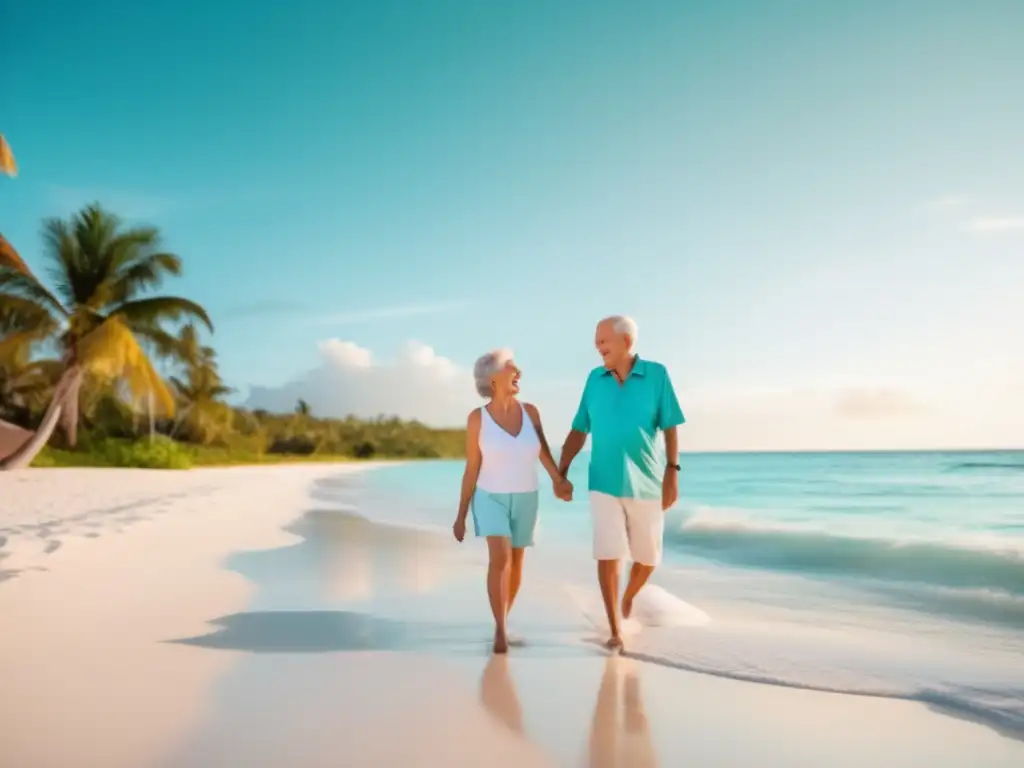 Pareja mayor feliz disfrutando playa Pareja mayor feliz en playa paradisíaca - Seguros de viaje para mayores