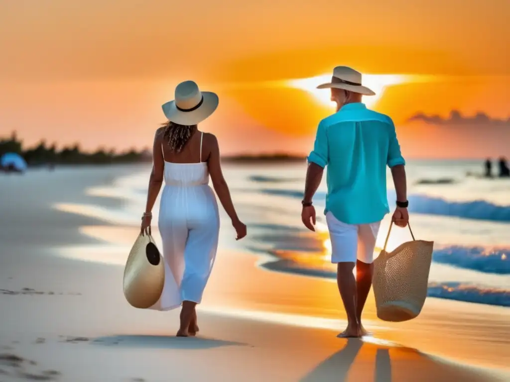 Pareja madura disfrutando de playa paradisíaca Viaje seguro y tranquilo para maduros: pareja disfrutando playa con precauciones