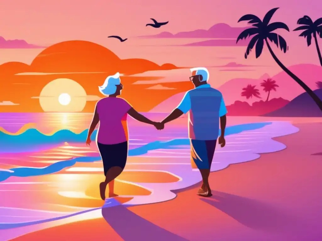 Pareja de ancianos felices en la playa Pareja de ancianos felices en la playa al atardecer