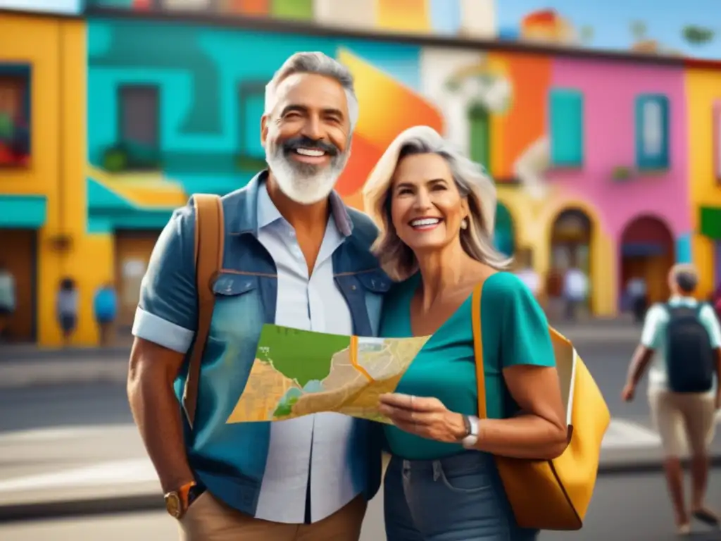 Pareja sonriente frente a mural en ciudad sudamericana Pareja sonriente disfrutando de un mural vibrante en una ciudad sudamericana - Consejos viajes seguros Sudamérica