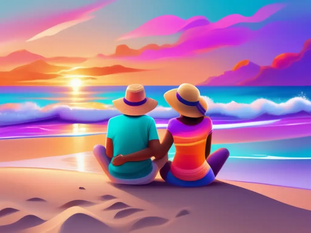 Pareja feliz disfrutando de la playa Pareja de ancianos felices en una playa con un mar turquesa y atardecer vibrante