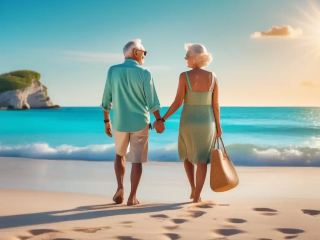 Pareja feliz en playa paradisíaca Pareja mayor feliz en playa paradisíaca, seguros de viaje para mayores seguro