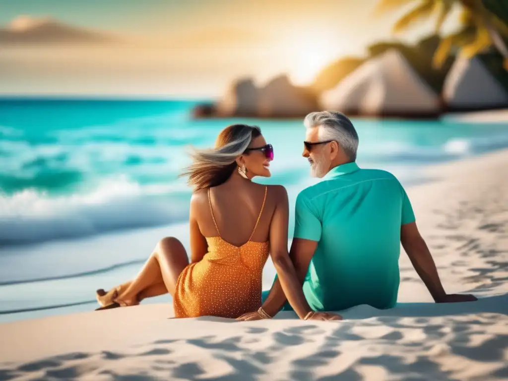 Pareja feliz en playa paradisíaca con crucero Pareja madura disfrutando en una playa paradisíaca - Mejores seguros de viaje para mayores