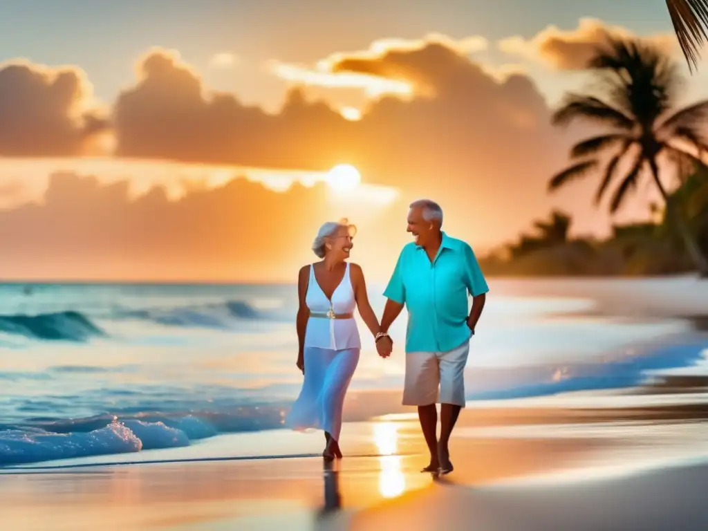 Pareja mayor disfrutando de viaje seguro en playa paradisíaca