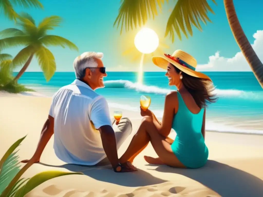 Pareja madura disfrutando de un viaje seguro en una hermosa playa - Lista de verificación viajes seguros seniors